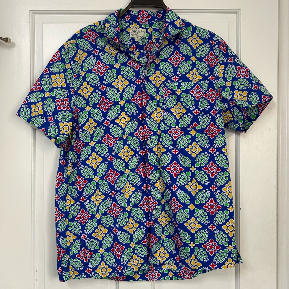 J. Crew Blue Short-Sleeve Button-Down with Yellow, Green & Red Pattern
